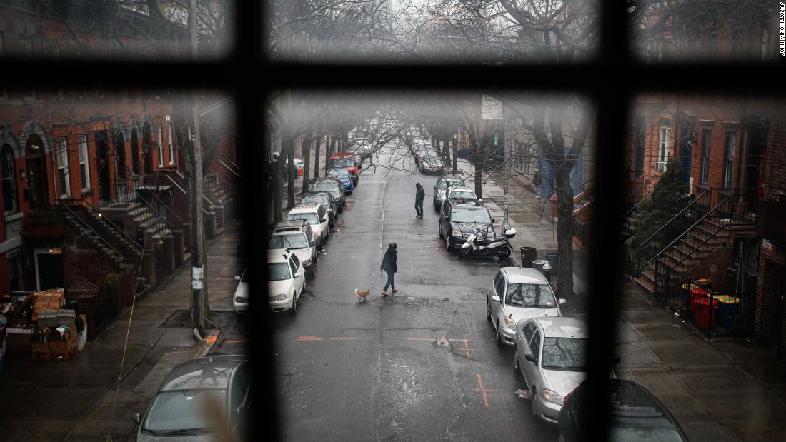 A pedestrian walks a dog through a quiet street in New York on March 17.